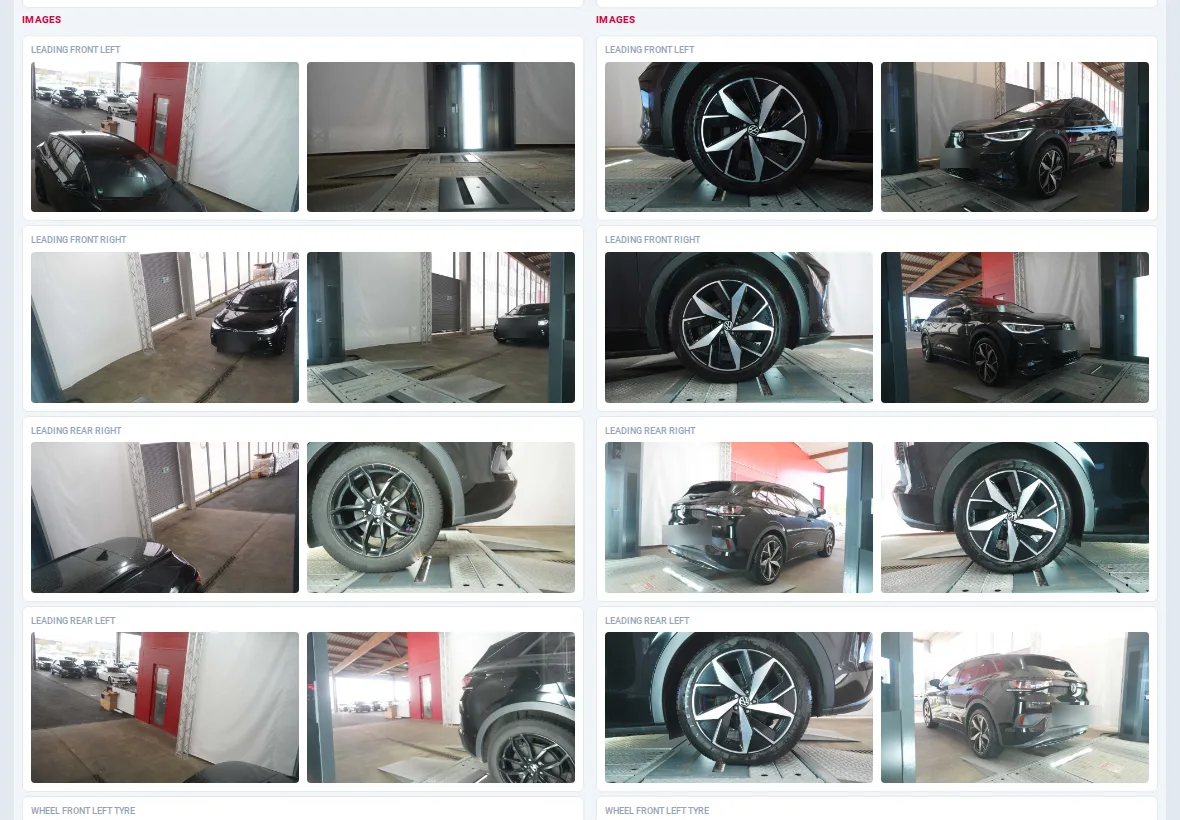 Compare report on a tablet: the four corner photos of check-in on the left and check-out on the right, row by row