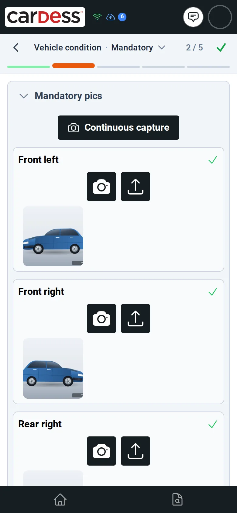 Step Mandatory pics with the positions front left, front right and rear right, each with a photo and a green tick