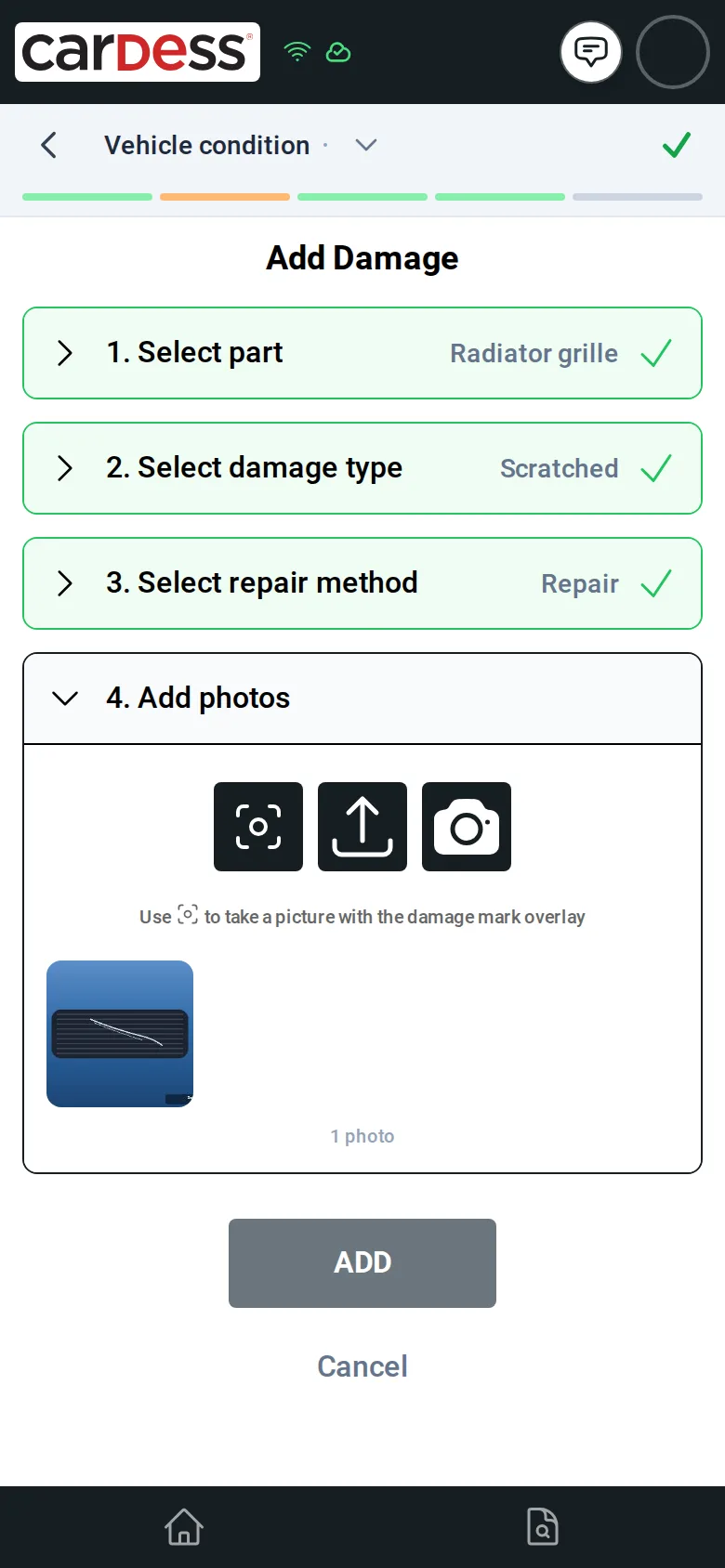 Add damage dialog with the part radiator grille, the damage type scratched and one photo added