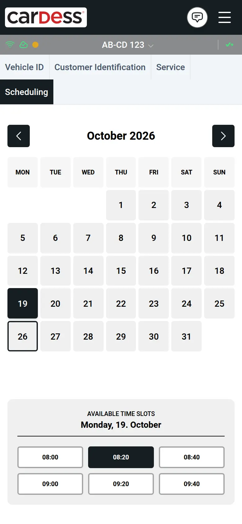 Scheduling step: an October calendar with Monday 19 selected and the free time slots of that day