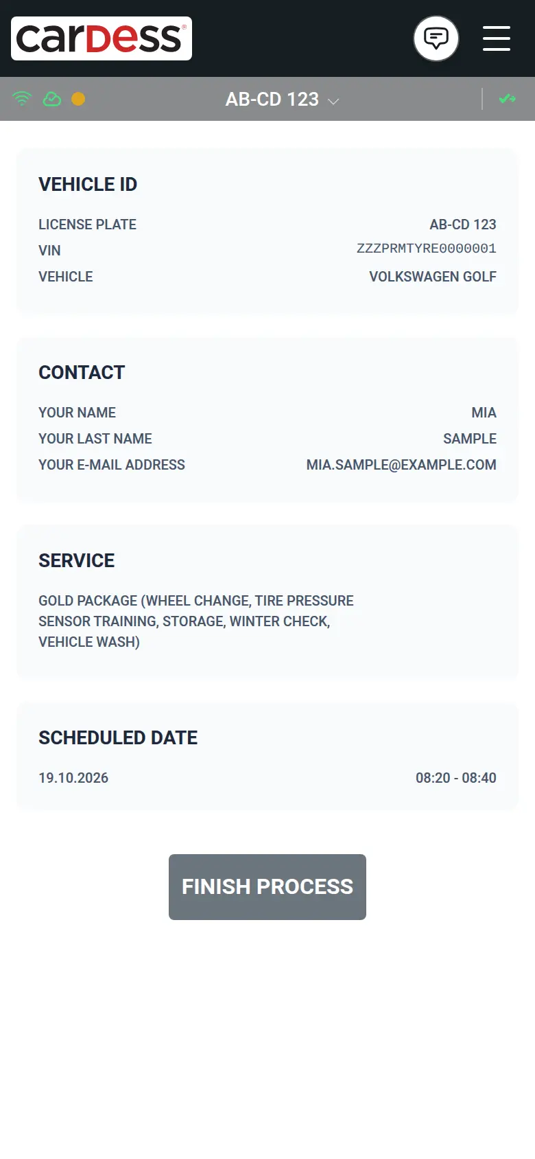 Summary before booking: vehicle, contact, chosen service and the selected slot, with a Finish button