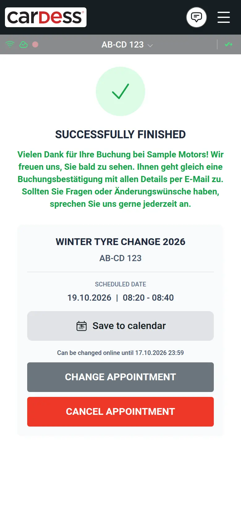 Booking confirmed: the appointment with Save to calendar, the online change deadline, and Change and Cancel appointment buttons