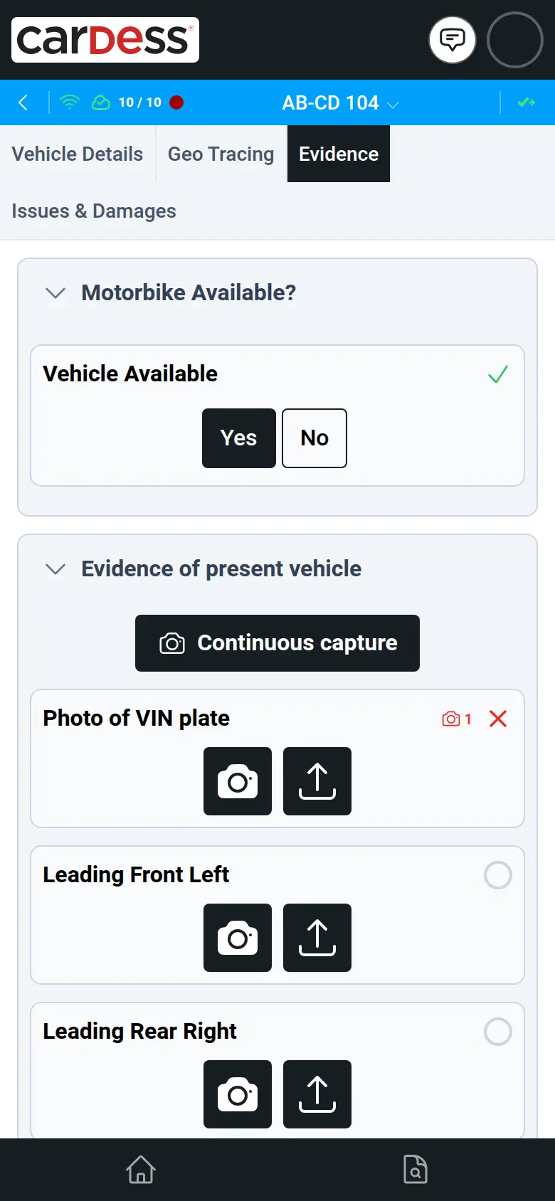 Quick check of AB-CD 104: vehicle available answered Yes, with photo slots for the VIN plate and two sides