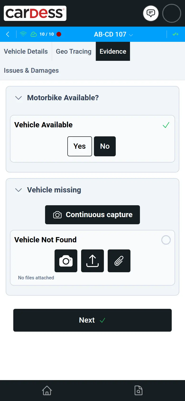 Quick check of AB-CD 107: vehicle available answered No, with the Vehicle not found entry for a photo or file