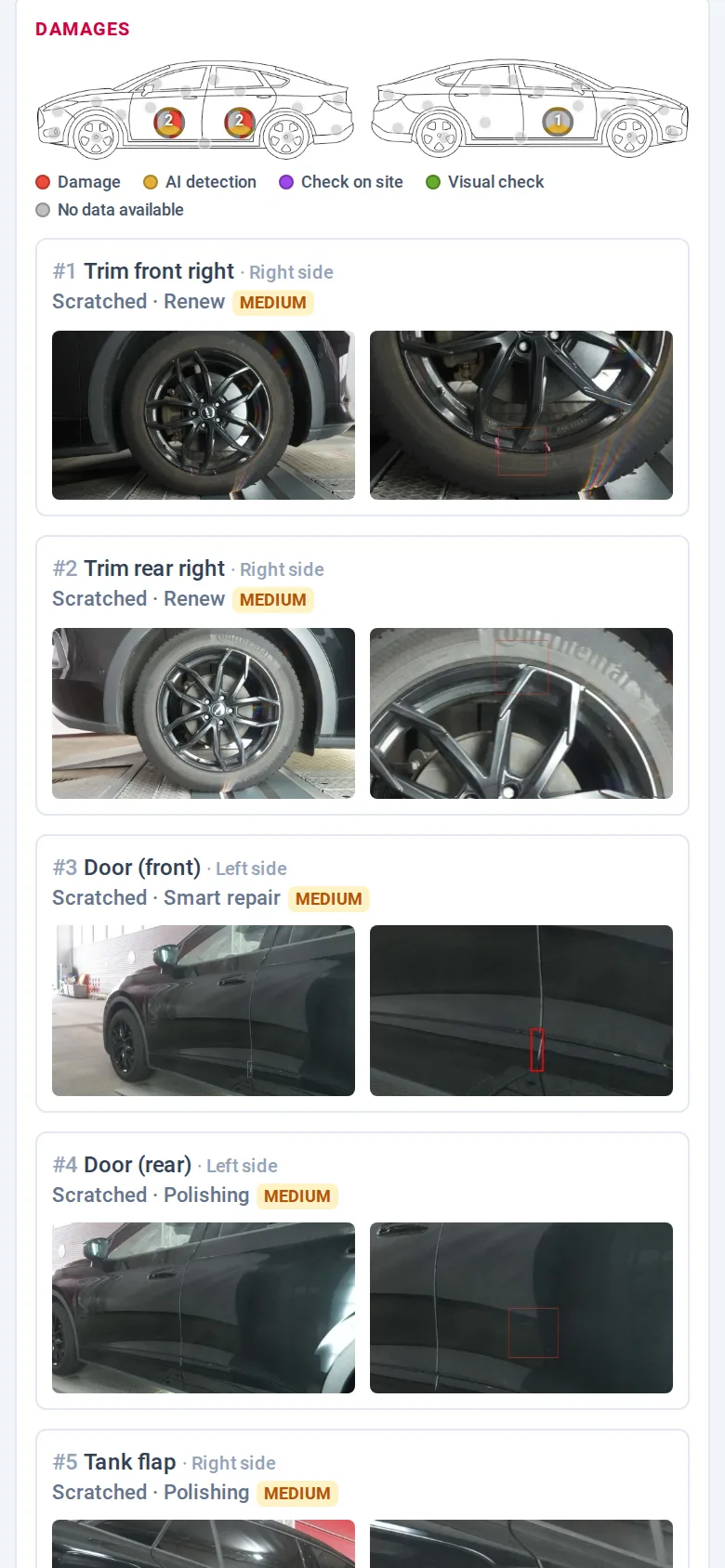 Damage list of the check-in report on the phone: scratches on rims and doors, each with an overview and a close-up photo