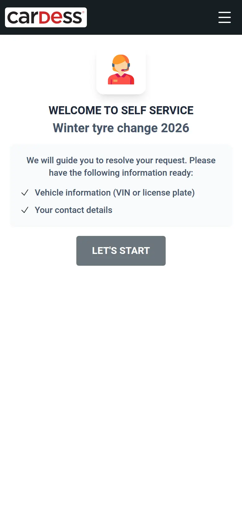 Landing page without a personal link: a short note on what to have ready (vehicle information, contact details) and a Let's start button