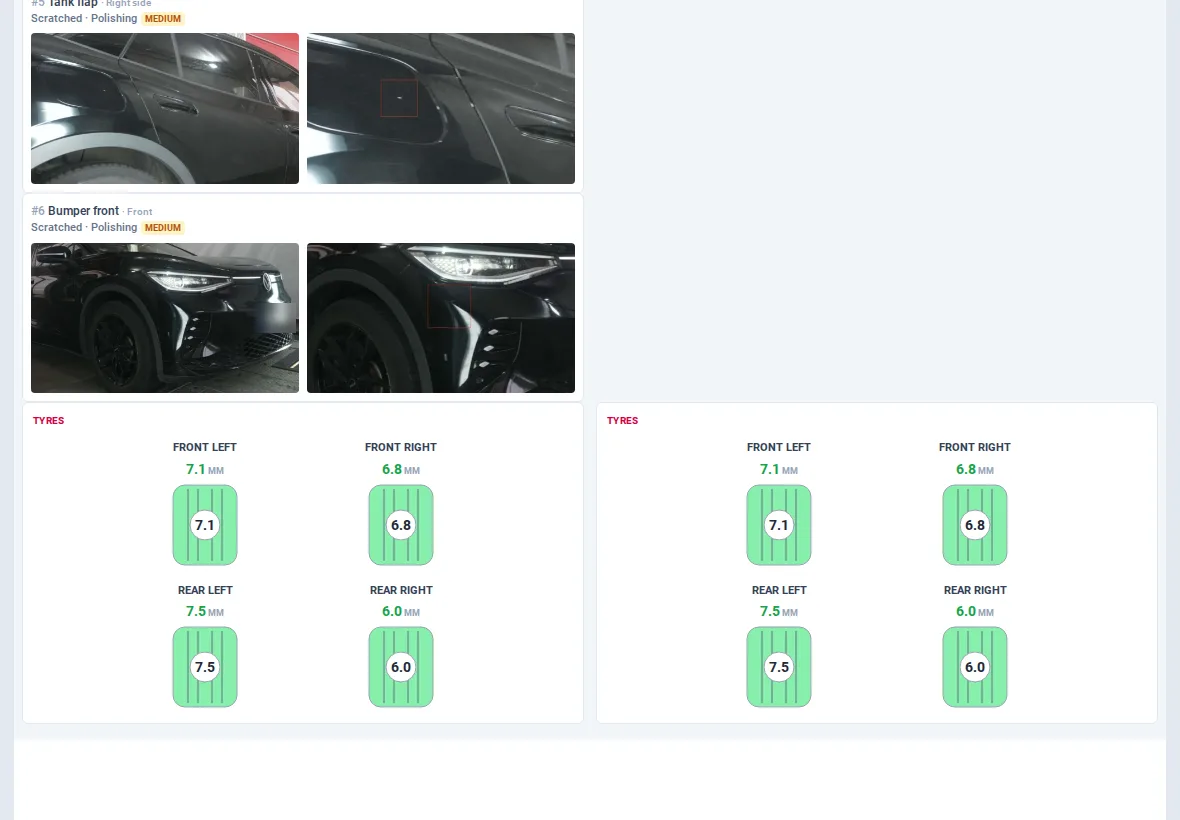 Compare report on a tablet: tyre tread depths of all four wheels at check-in and at check-out side by side