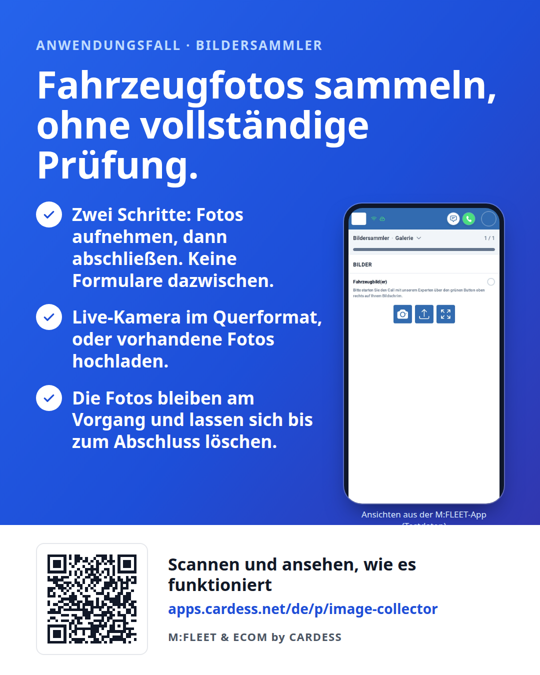 Flyer Bildersammler mit drei Vorteilen, dem Fotoschritt der App und einem QR-Code